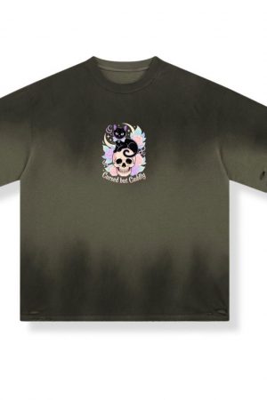 Cursed but Cuddly Skull Cat Retro Graphic T-Shirt