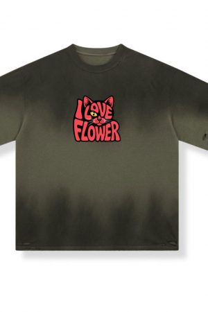 I Love Flower Cat Face Typography Graphic Design T-Shirt