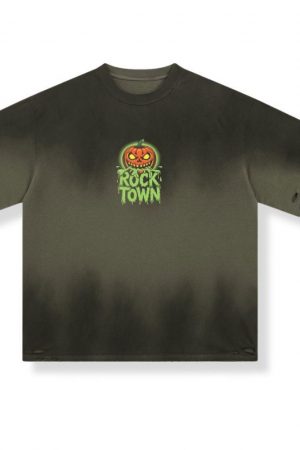 Rock Town Pumpkin Head Retro Cartoon Graphic T-Shirt