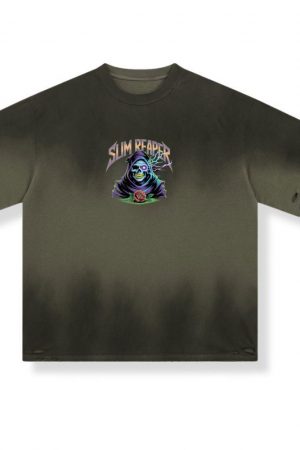 Slim Reaper Grim Reaper Skull With Lightning And Rose Artwork T-Shirt